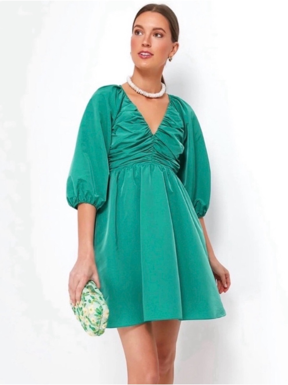 Tuckernuck Teal Green V-Neck Puff Sleeve Dress